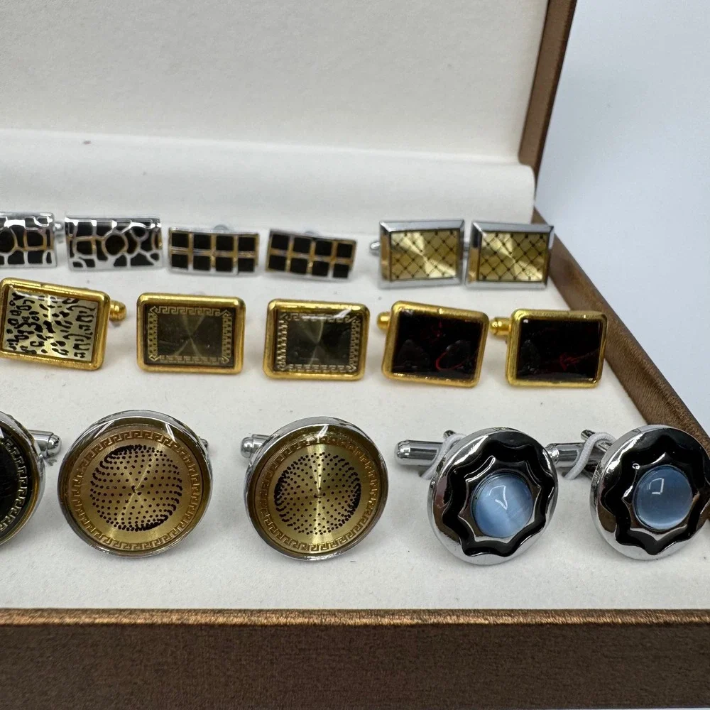 Vintage Mens Cufflinks Set 12 Pairs Geometric Animal Print Gold Silver Tone Box